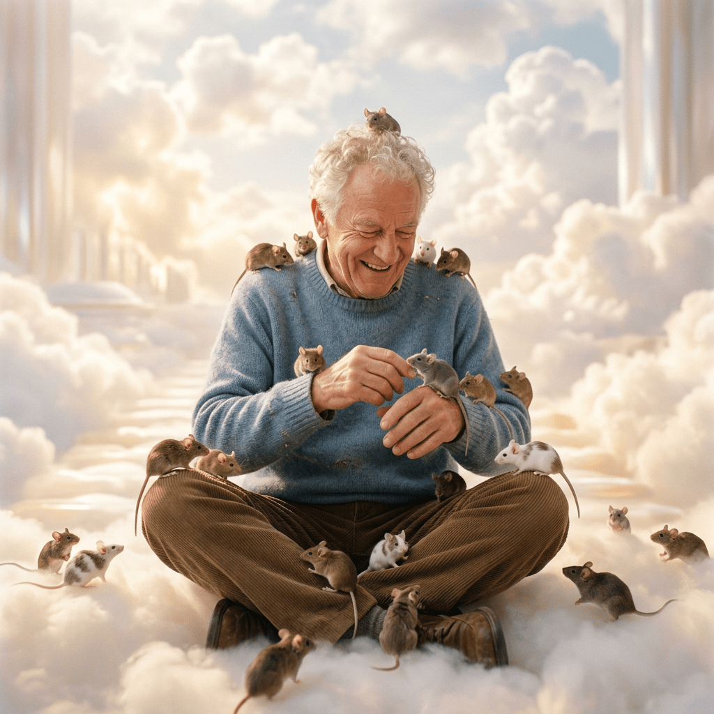 Elderly man sitting cross-legged on clouds with many mice on his lap, shoulders, and head